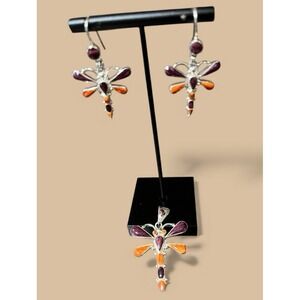 Dragonfly‎ Earrings & Pendant Set UH Mosaic Jewelry Sterling Silver 950 Peruvian